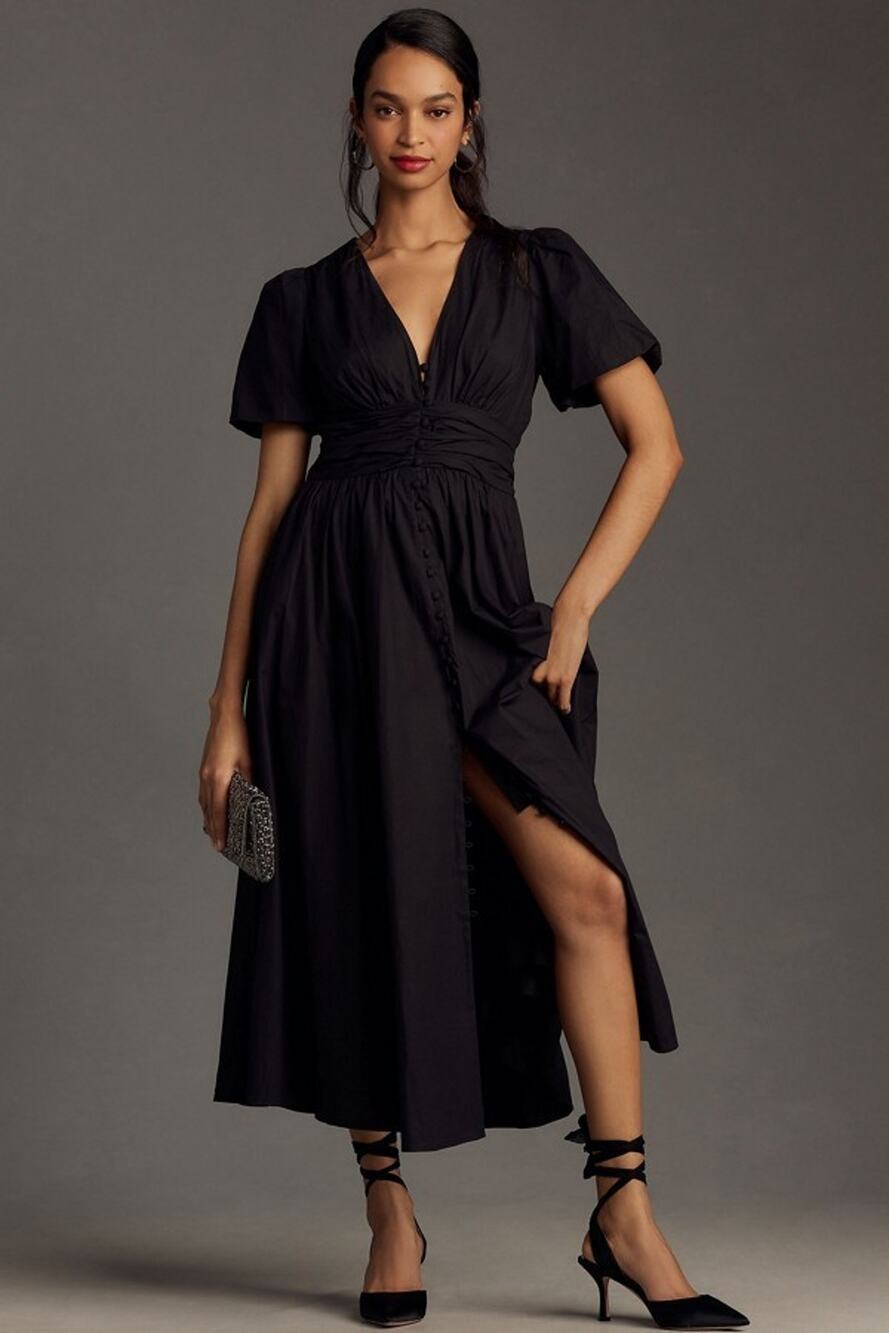 Anthropologie The Katerina Button Front V Neck Puffed Sleeves Dress Sz XL